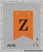 A taped needlepoint canvas with the design: Banner 13 mesh count Forked Z Black on Orange.
