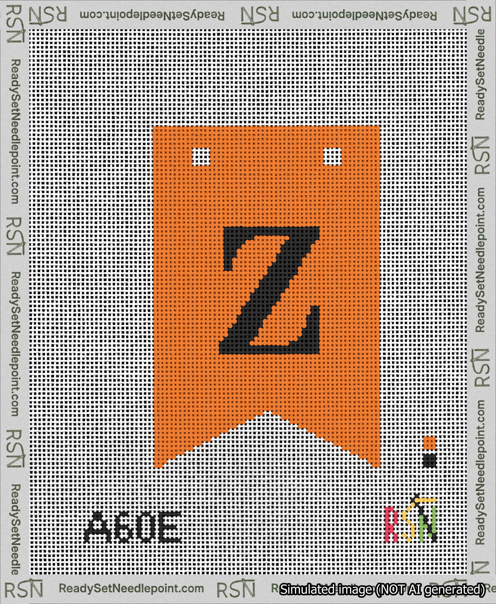 A taped needlepoint canvas with the design: Banner 13 mesh count Forked Z Black on Orange.