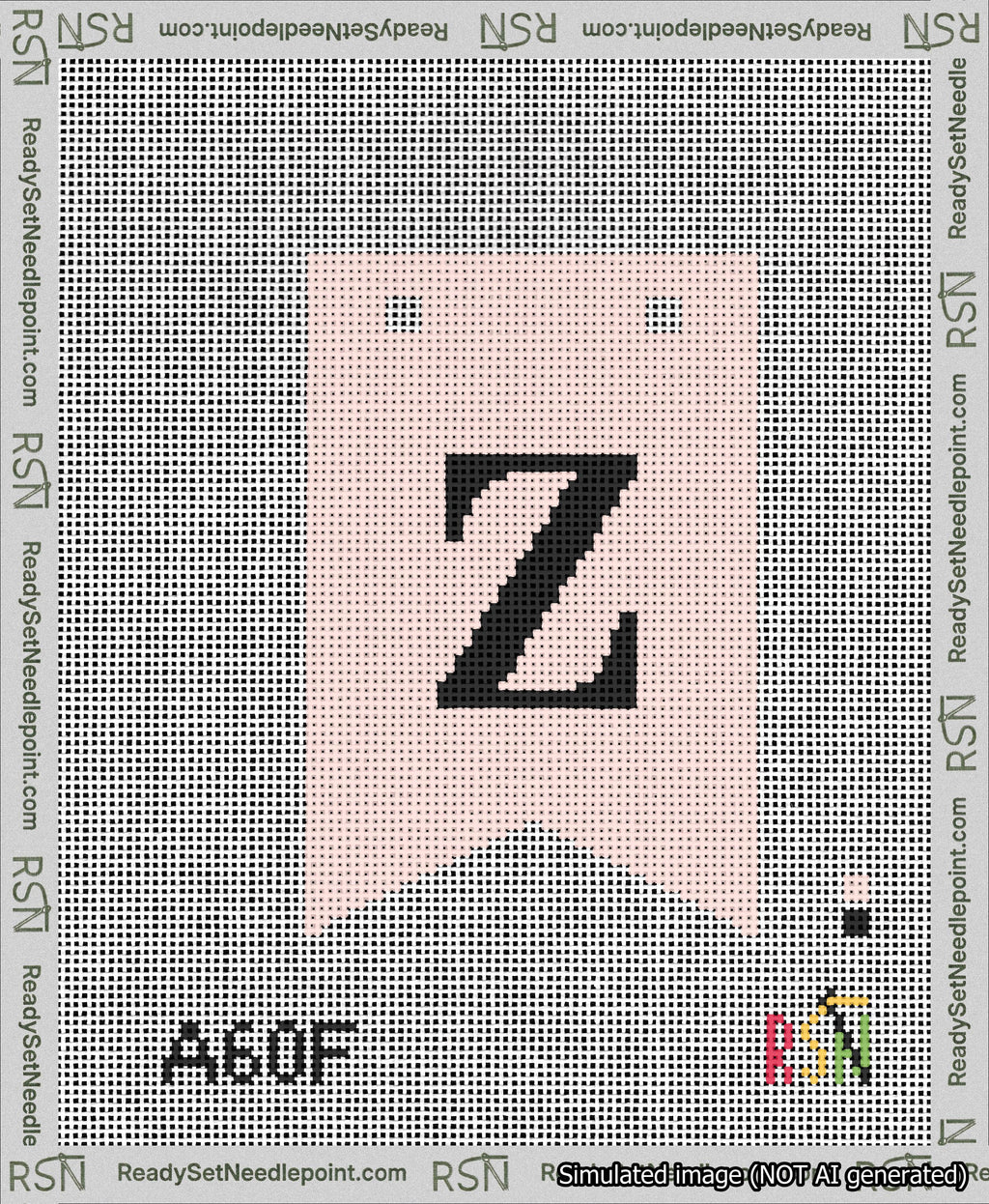 A taped needlepoint canvas with the design: Banner 13 mesh count Forked Z Black on Pink.