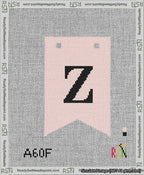 A taped needlepoint canvas with the design: Banner 13 mesh count Forked Z Black on Pink.
