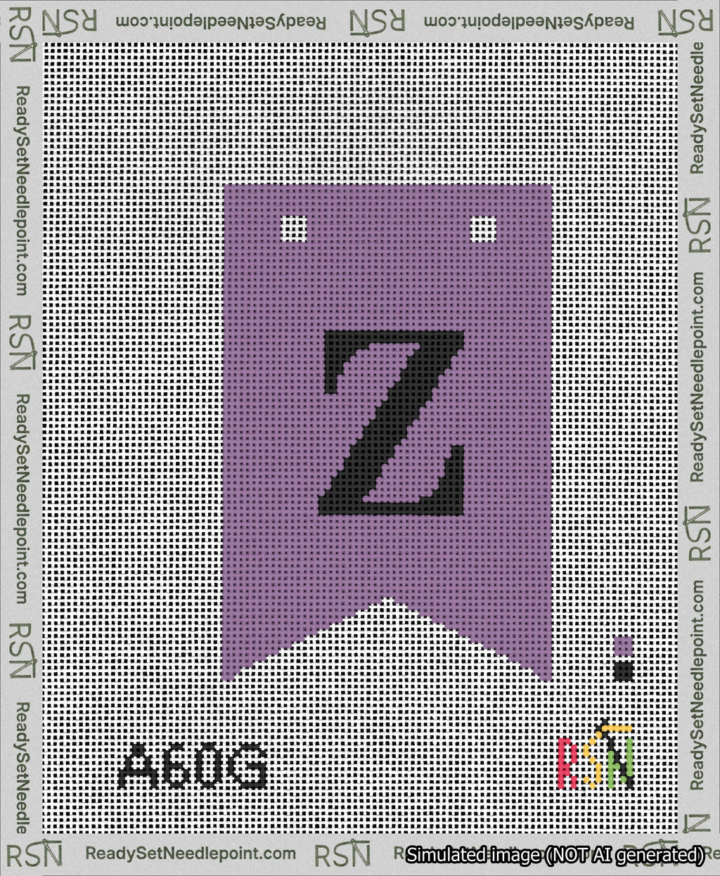 A taped needlepoint canvas with the design: Banner 13 mesh count Forked Z Black on Purple.