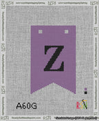 A taped needlepoint canvas with the design: Banner 13 mesh count Forked Z Black on Purple.