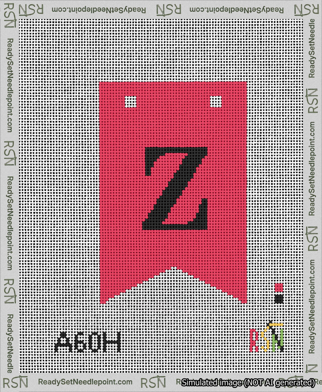 A taped needlepoint canvas with the design: Banner 13 mesh count Forked Z Black on Red.