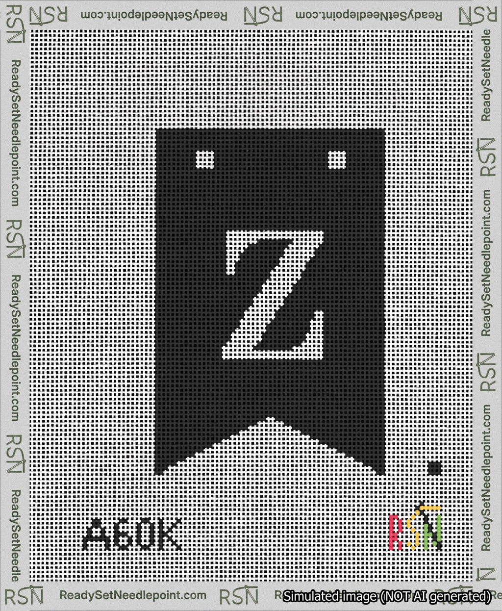 A taped needlepoint canvas with the design: Banner 13 mesh count Forked Z White on Black.