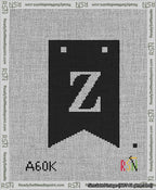 A taped needlepoint canvas with the design: Banner 13 mesh count Forked Z White on Black.