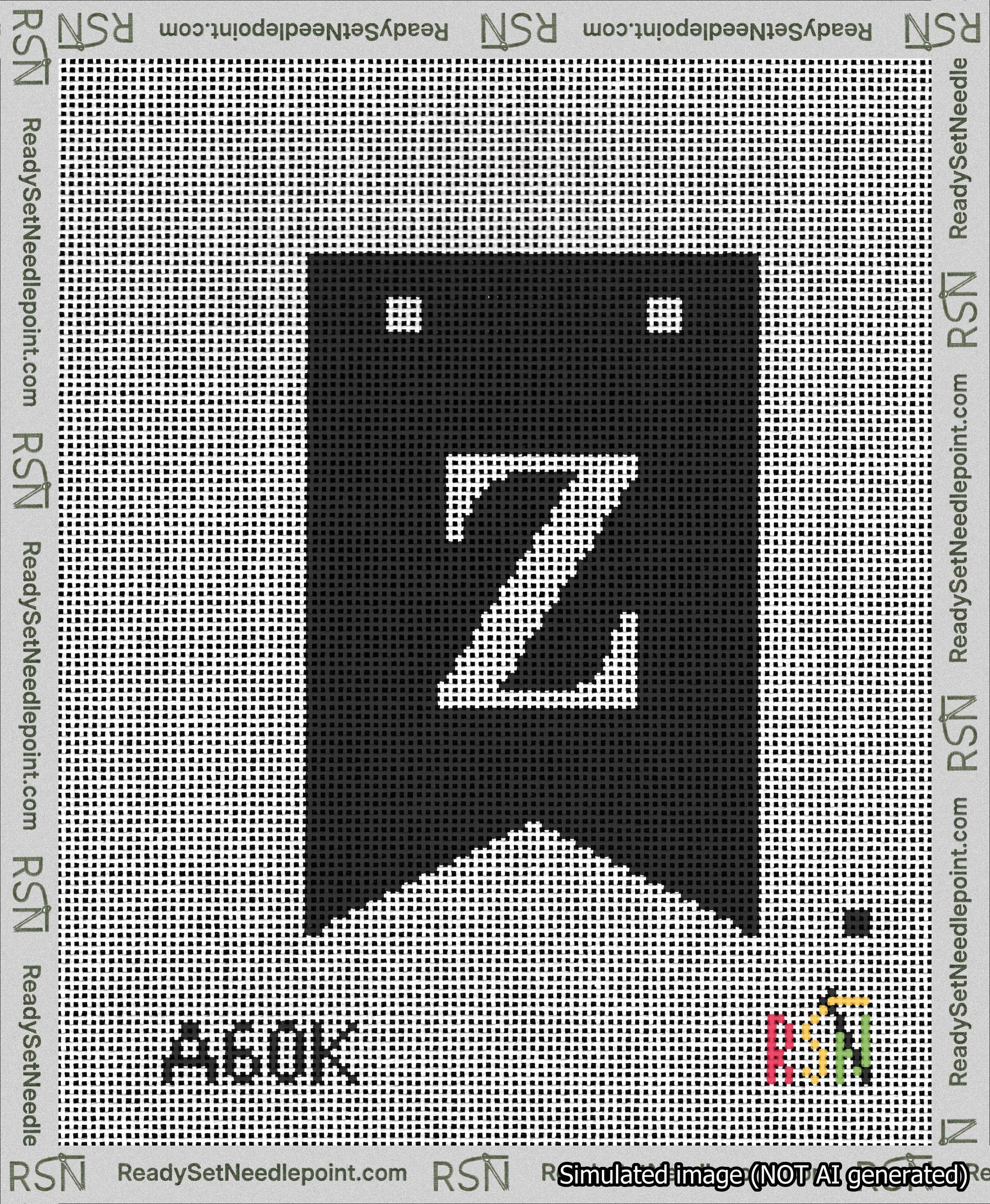 A taped needlepoint canvas with the design: Banner 13 mesh count Forked Z White on Black.