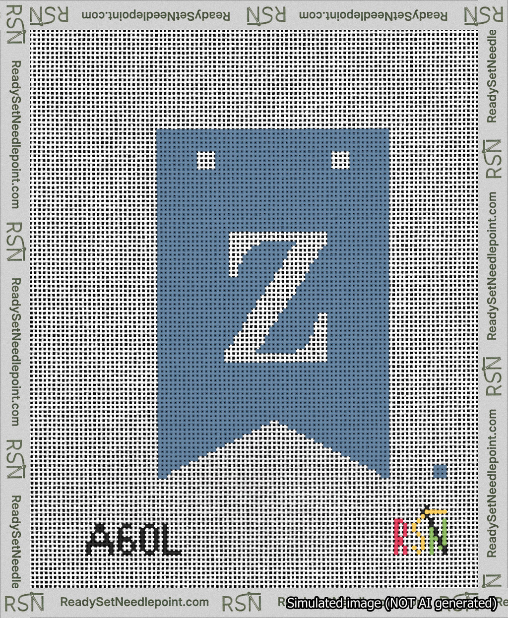 A taped needlepoint canvas with the design: Banner 13 mesh count Forked Z White on Blue.