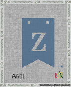 A taped needlepoint canvas with the design: Banner 13 mesh count Forked Z White on Blue.