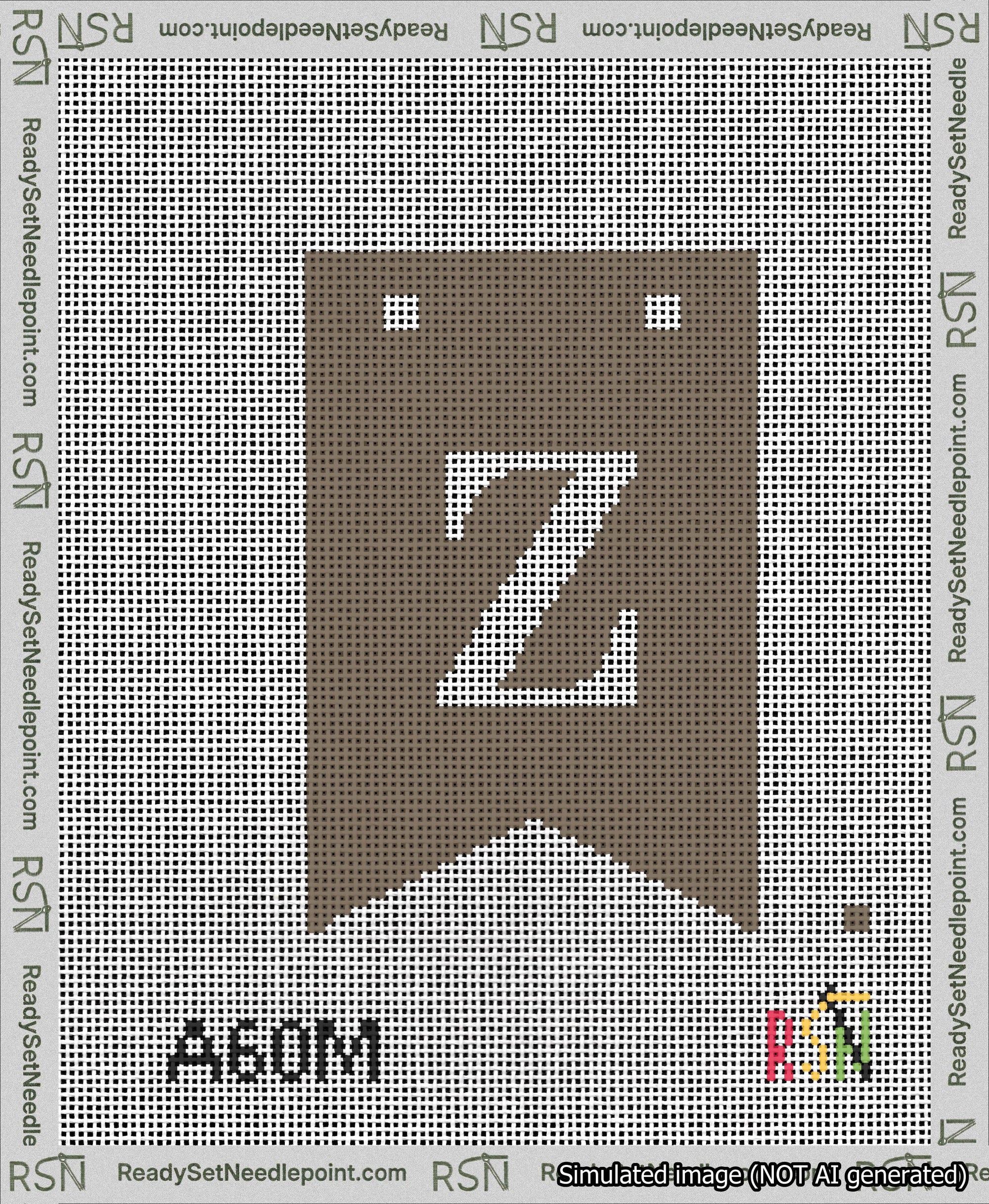 A taped needlepoint canvas with the design: Banner 13 mesh count Forked Z White on Brown.
