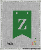 A taped needlepoint canvas with the design: Banner 13 mesh count Forked Z White on Green.
