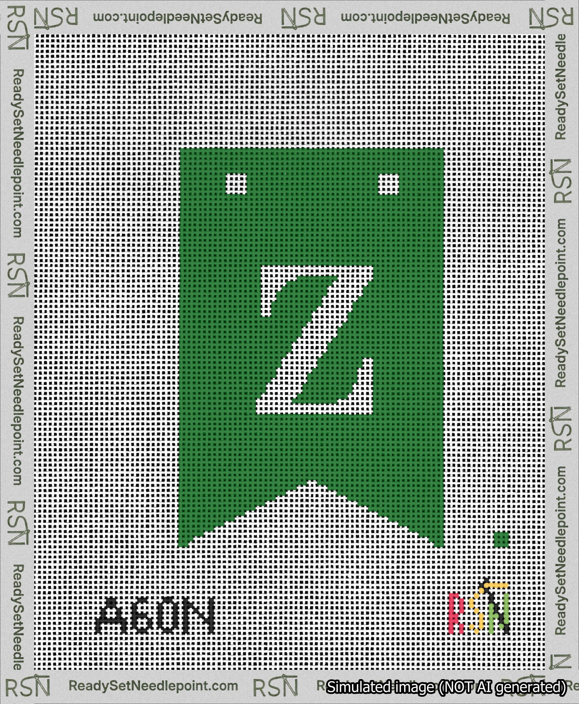 A taped needlepoint canvas with the design: Banner 13 mesh count Forked Z White on Green.