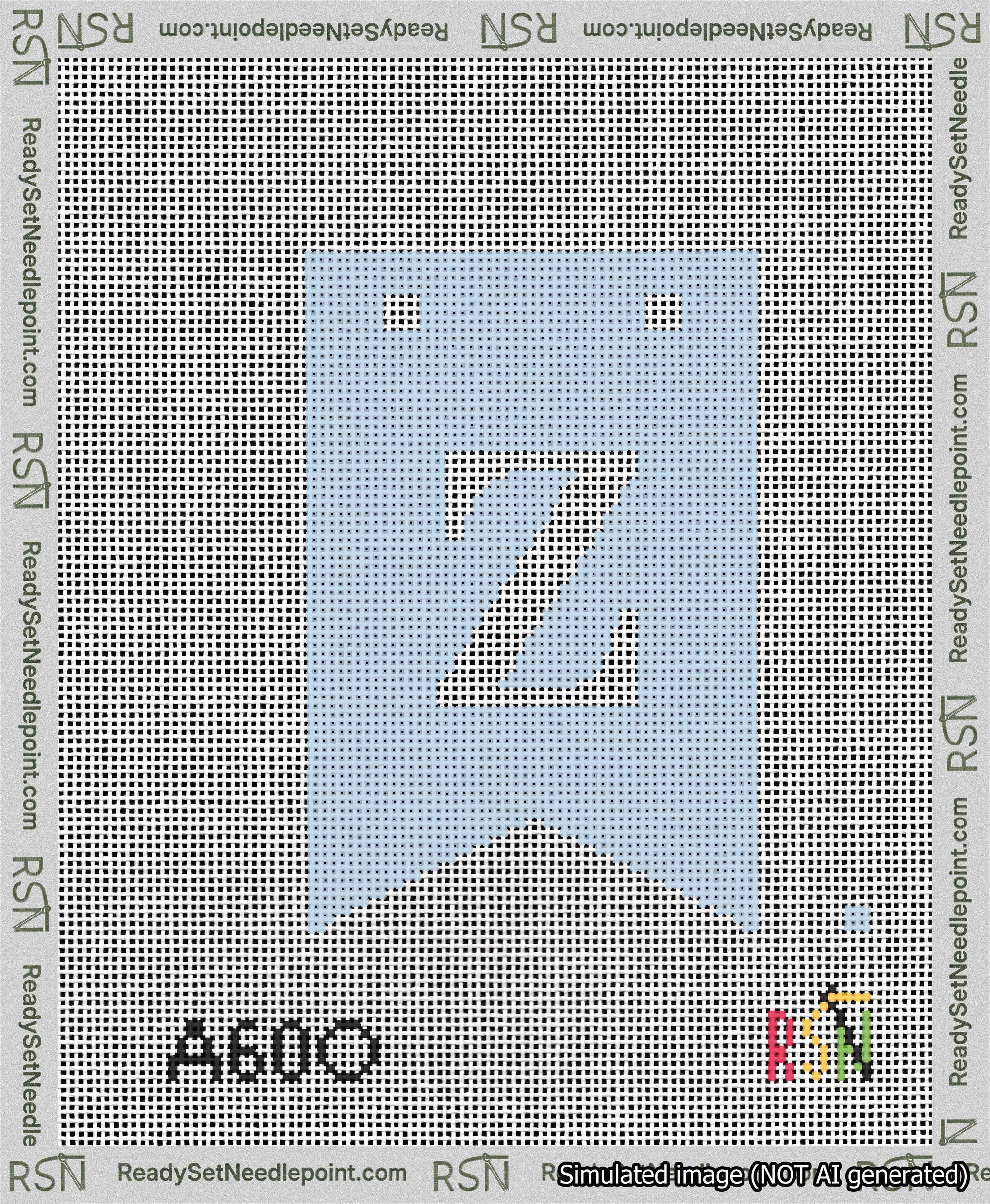 A taped needlepoint canvas with the design: Banner 13 mesh count Forked Z White on Light Blue.
