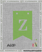 A taped needlepoint canvas with the design: Banner 13 mesh count Forked Z White on Light Green.