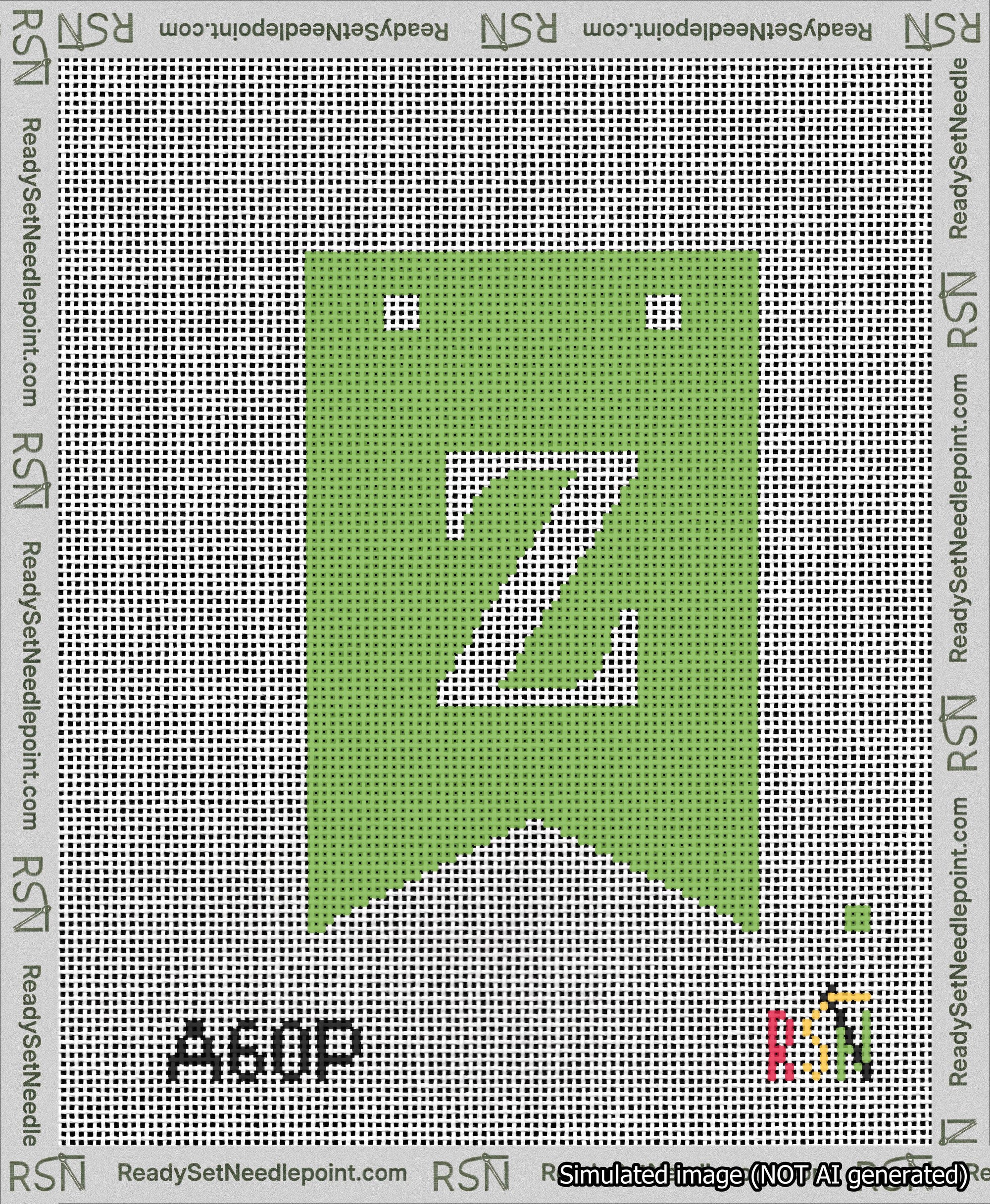 A taped needlepoint canvas with the design: Banner 13 mesh count Forked Z White on Light Green.
