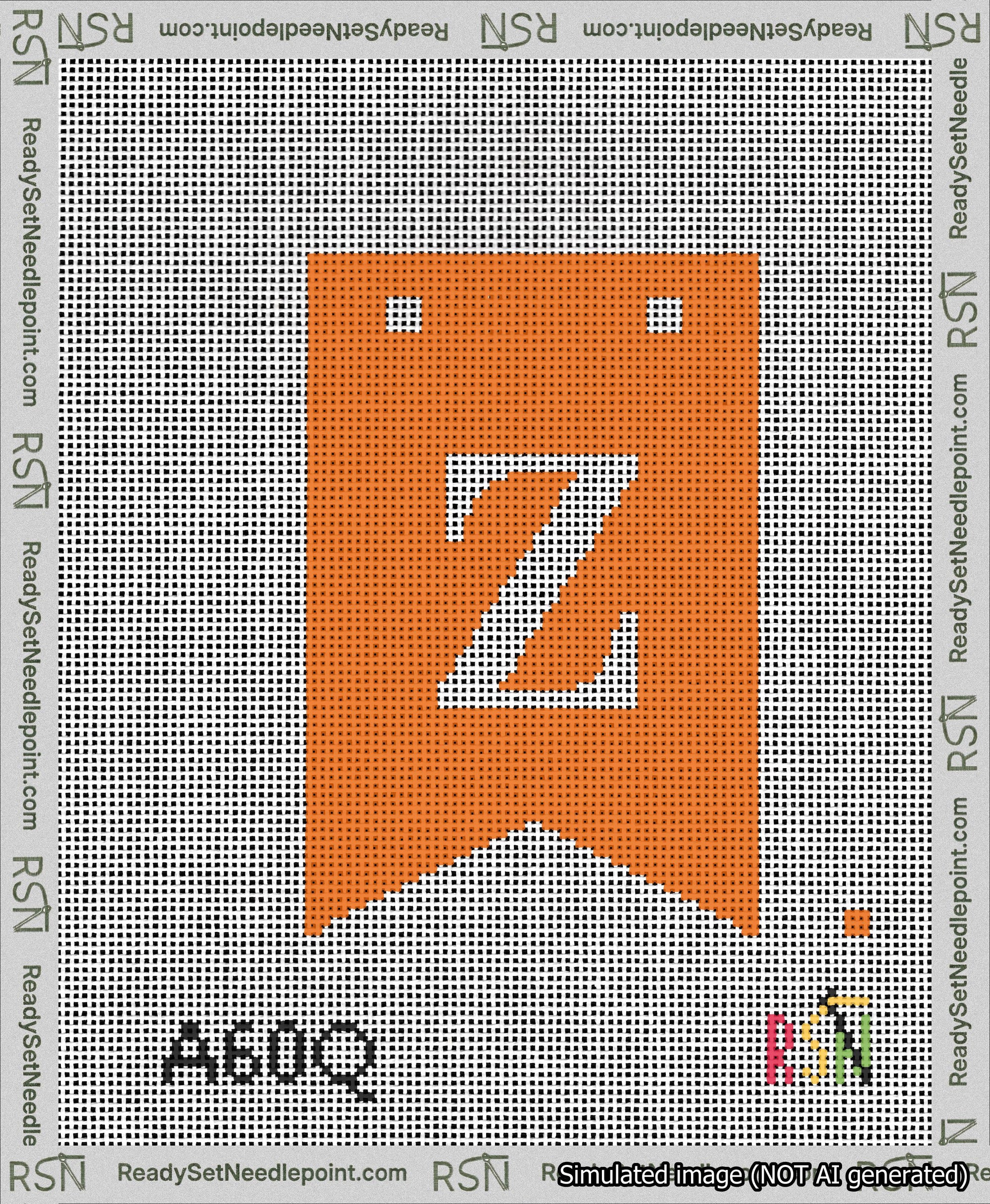 A taped needlepoint canvas with the design: Banner 13 mesh count Forked Z White on Orange.