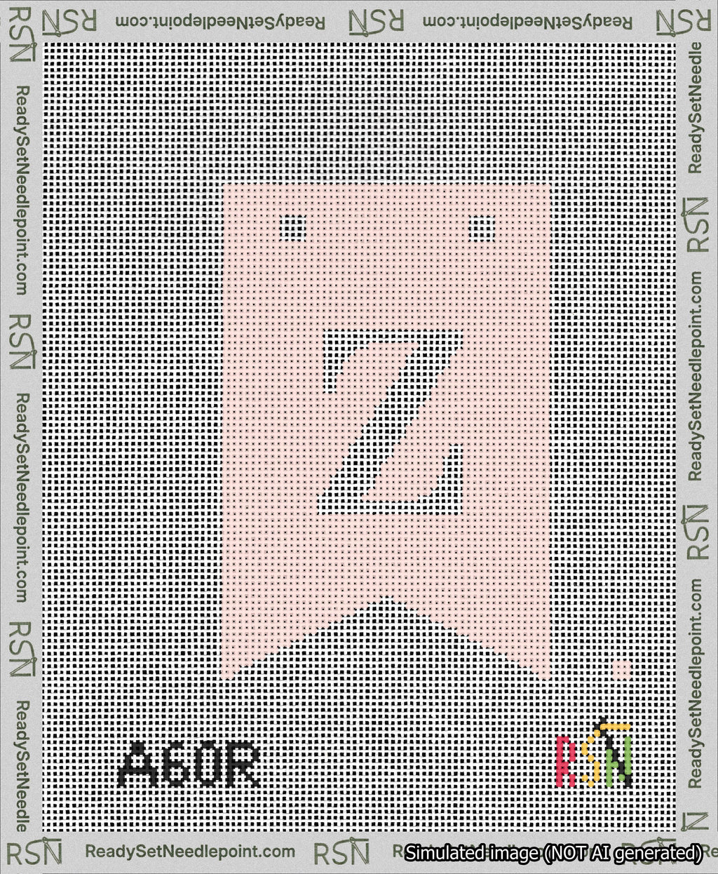 A taped needlepoint canvas with the design: Banner 13 mesh count Forked Z White on Pink.