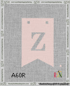 A taped needlepoint canvas with the design: Banner 13 mesh count Forked Z White on Pink.