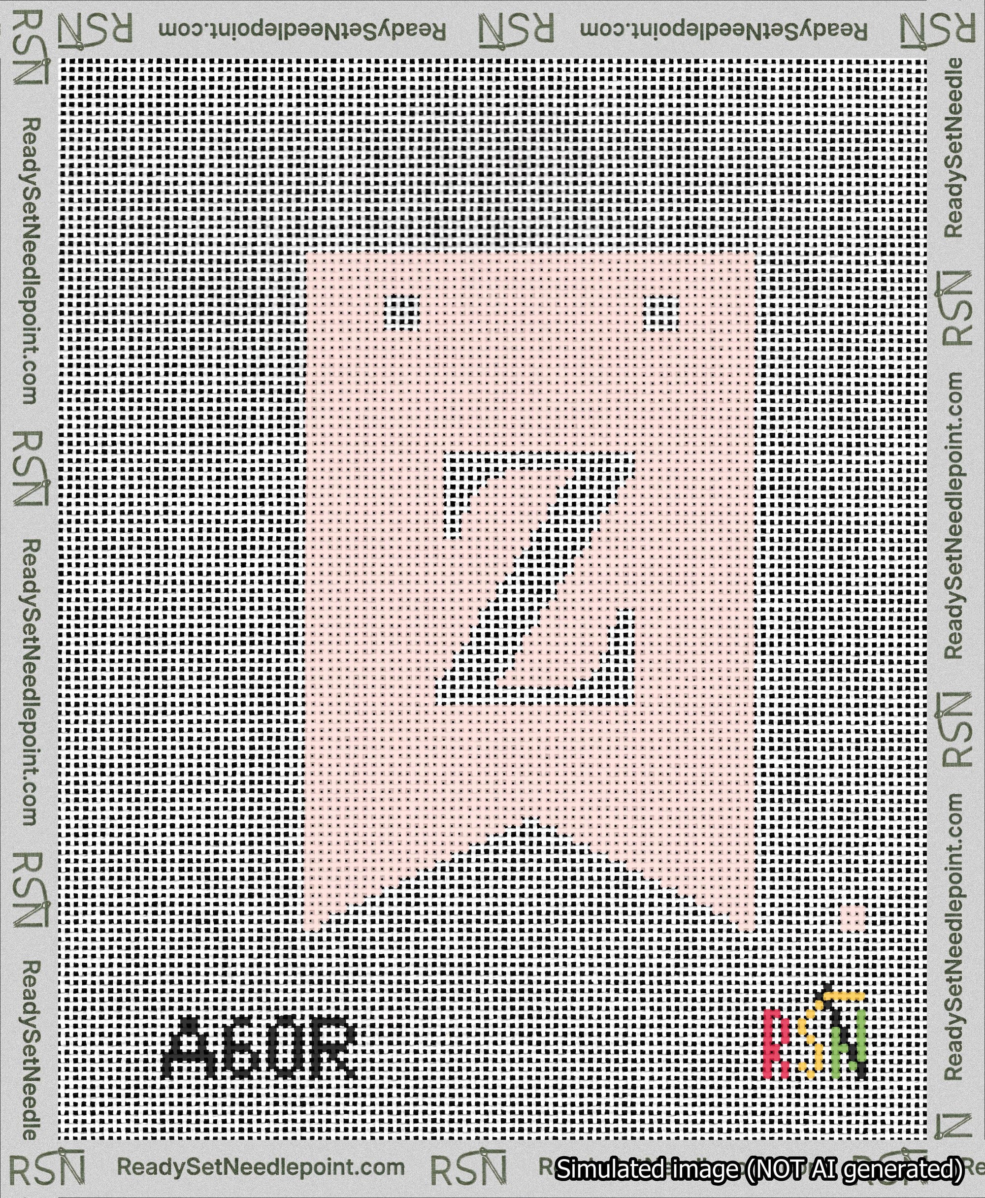 A taped needlepoint canvas with the design: Banner 13 mesh count Forked Z White on Pink.