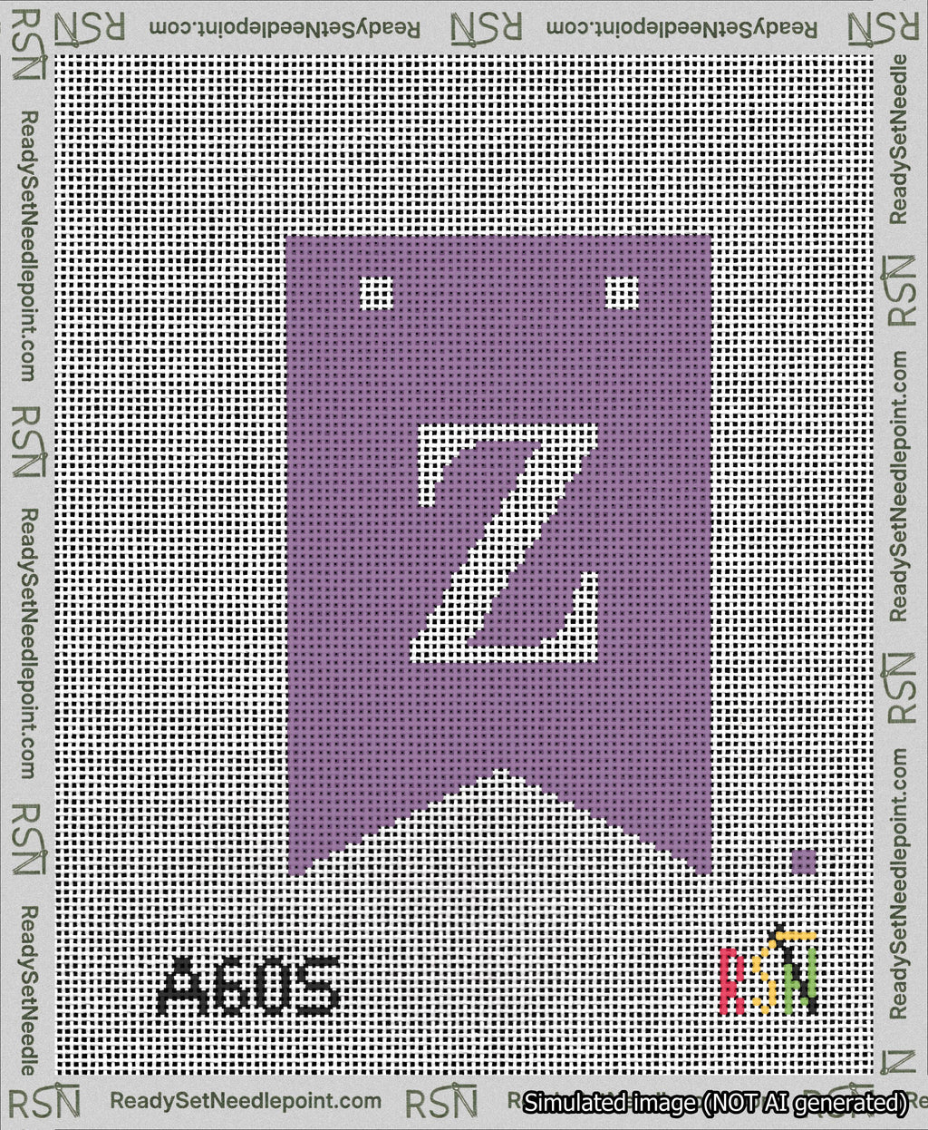 A taped needlepoint canvas with the design: Banner 13 mesh count Forked Z White on Purple.