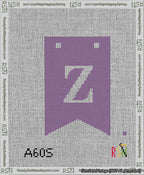 A taped needlepoint canvas with the design: Banner 13 mesh count Forked Z White on Purple.