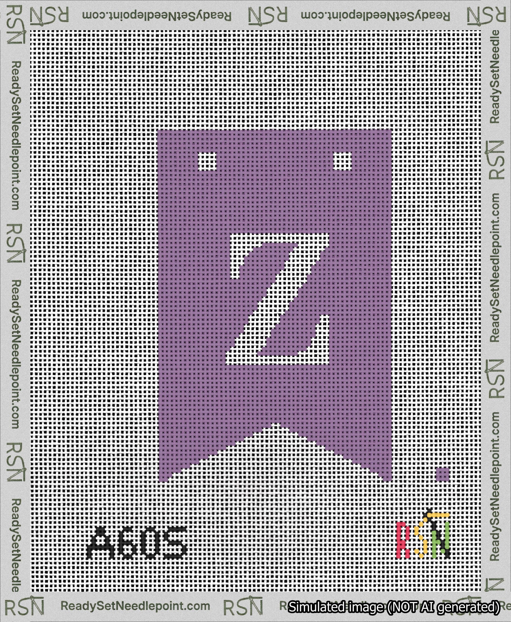 A taped needlepoint canvas with the design: Banner 13 mesh count Forked Z White on Purple.