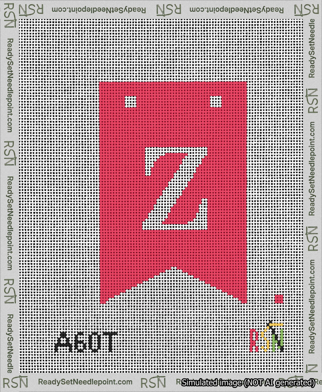A taped needlepoint canvas with the design: Banner 13 mesh count Forked Z White on Red.