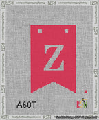 A taped needlepoint canvas with the design: Banner 13 mesh count Forked Z White on Red.