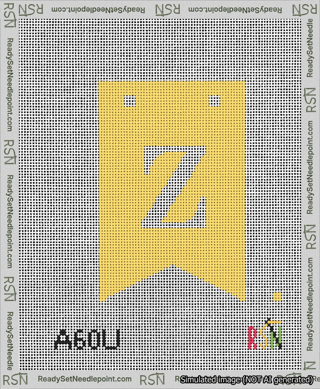 A taped needlepoint canvas with the design: Banner 13 mesh count Forked Z White on Yellow.