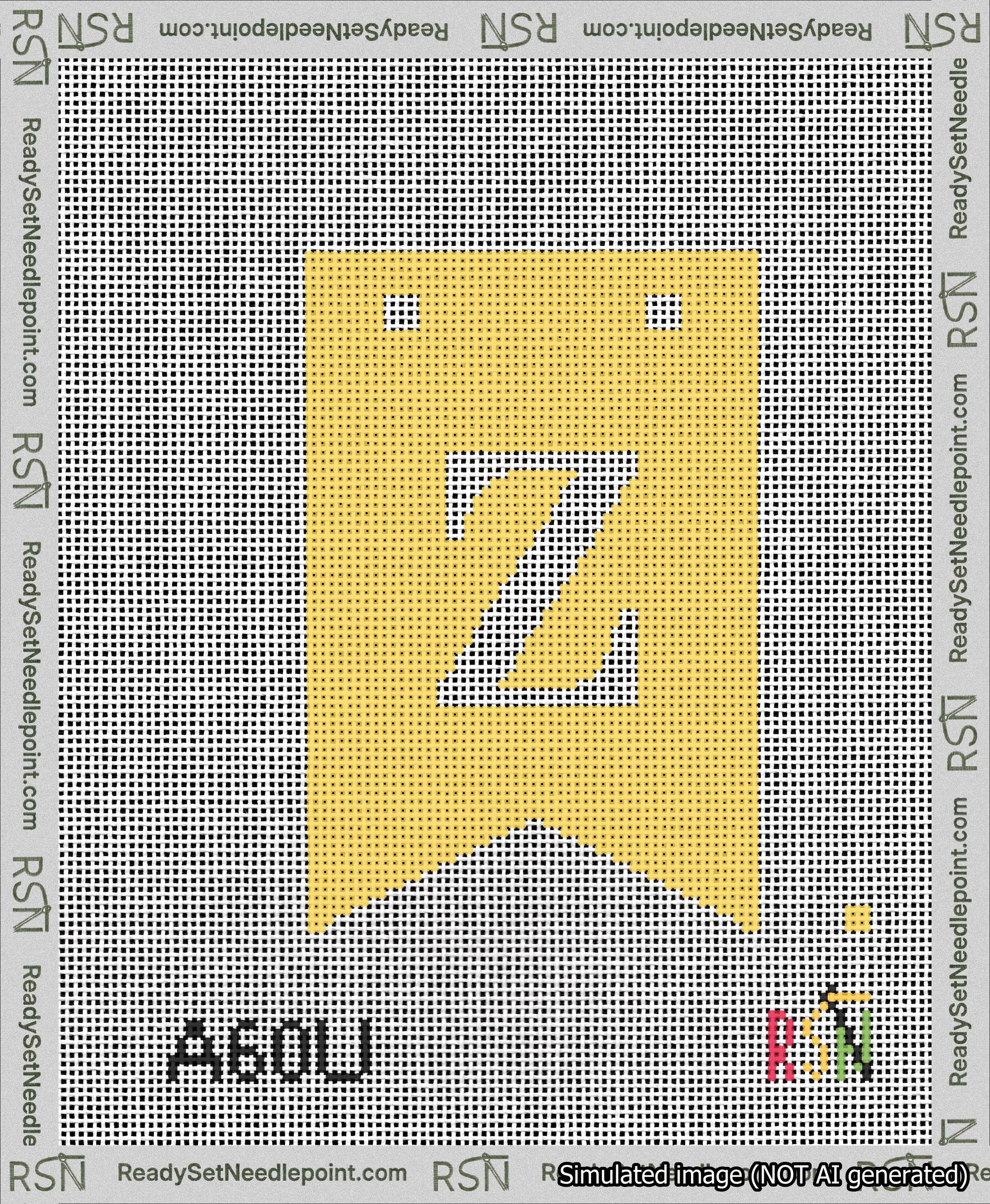 A taped needlepoint canvas with the design: Banner 13 mesh count Forked Z White on Yellow.