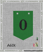 A taped needlepoint canvas with the design: Banner 13 mesh count Pointed 0 Black on Green.