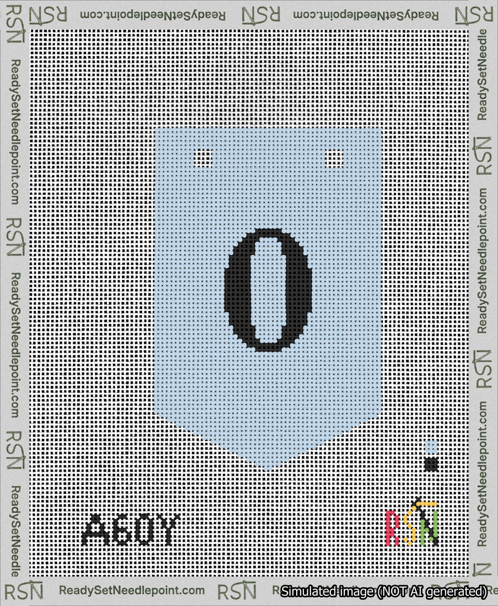 A taped needlepoint canvas with the design: Banner 13 mesh count Pointed 0 Black on Light Blue.