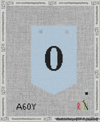 A taped needlepoint canvas with the design: Banner 13 mesh count Pointed 0 Black on Light Blue.