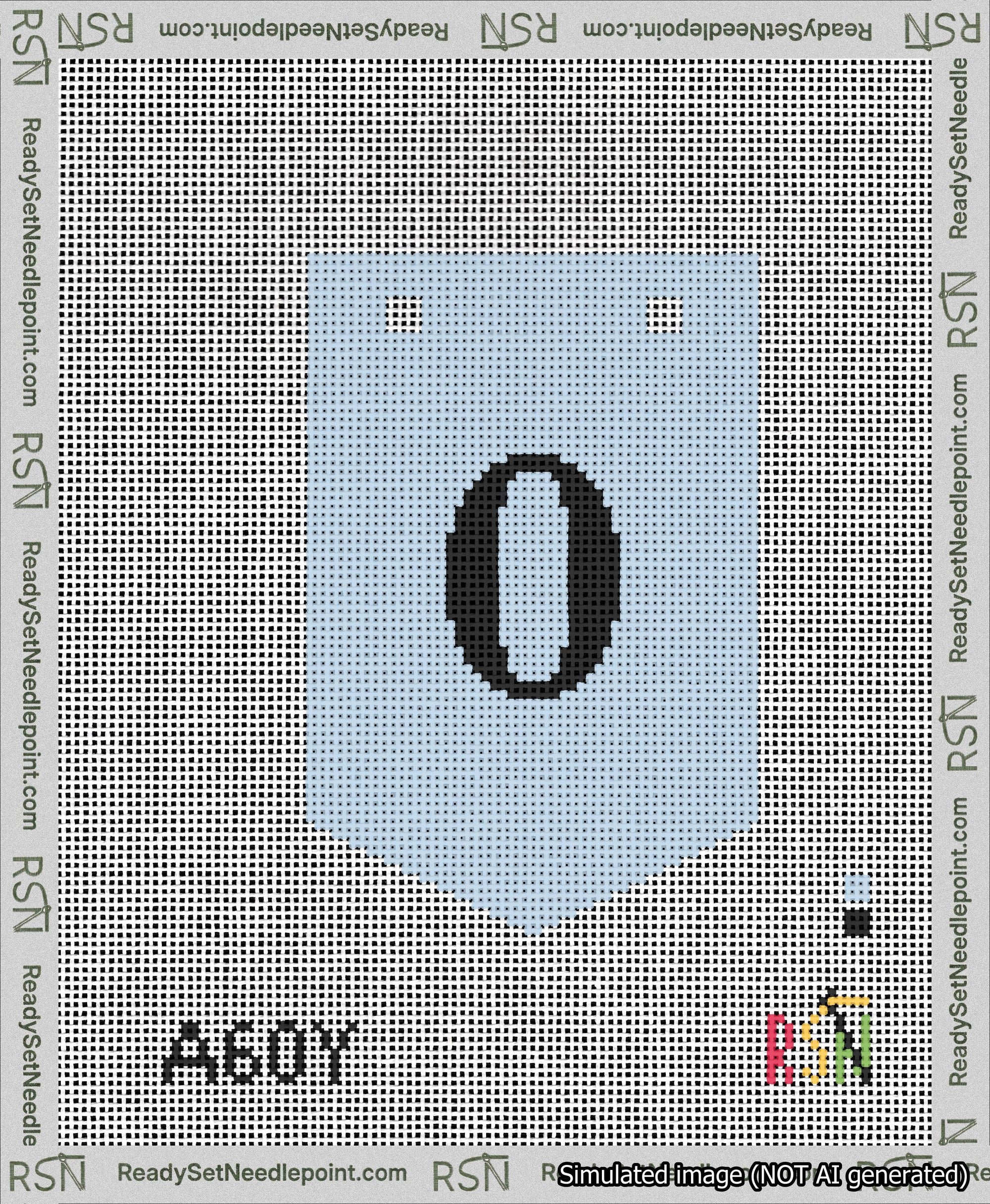 A taped needlepoint canvas with the design: Banner 13 mesh count Pointed 0 Black on Light Blue.