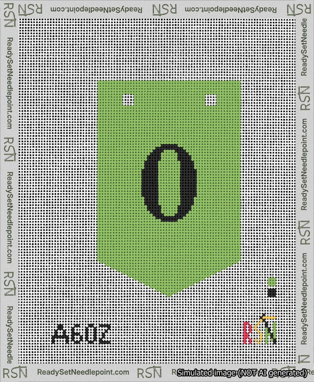 A taped needlepoint canvas with the design: Banner 13 mesh count Pointed 0 Black on Light Green.