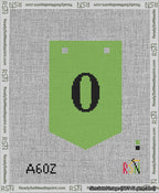 A taped needlepoint canvas with the design: Banner 13 mesh count Pointed 0 Black on Light Green.