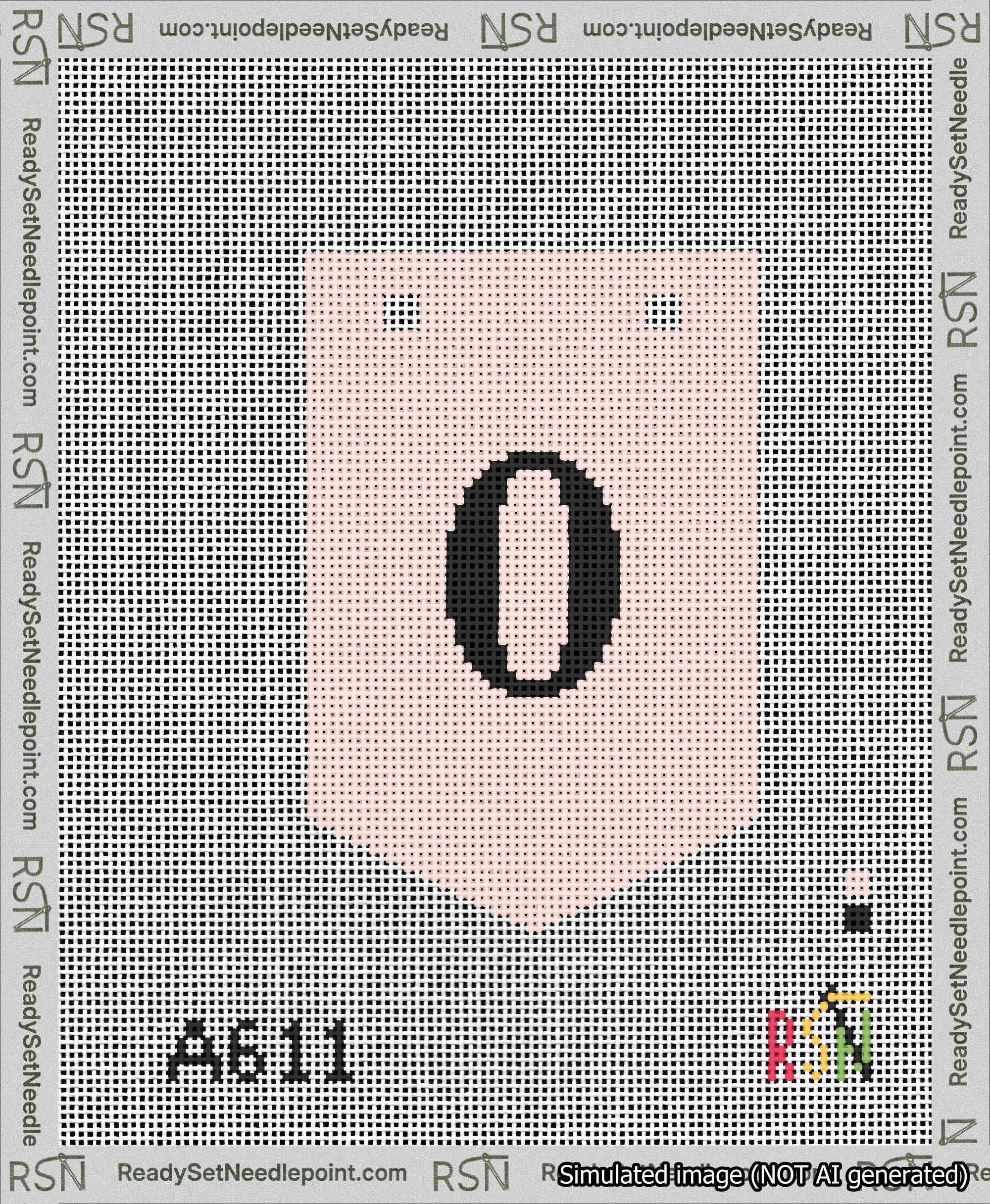 A taped needlepoint canvas with the design: Banner 13 mesh count Pointed 0 Black on Pink.