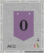 A taped needlepoint canvas with the design: Banner 13 mesh count Pointed 0 Black on Purple.