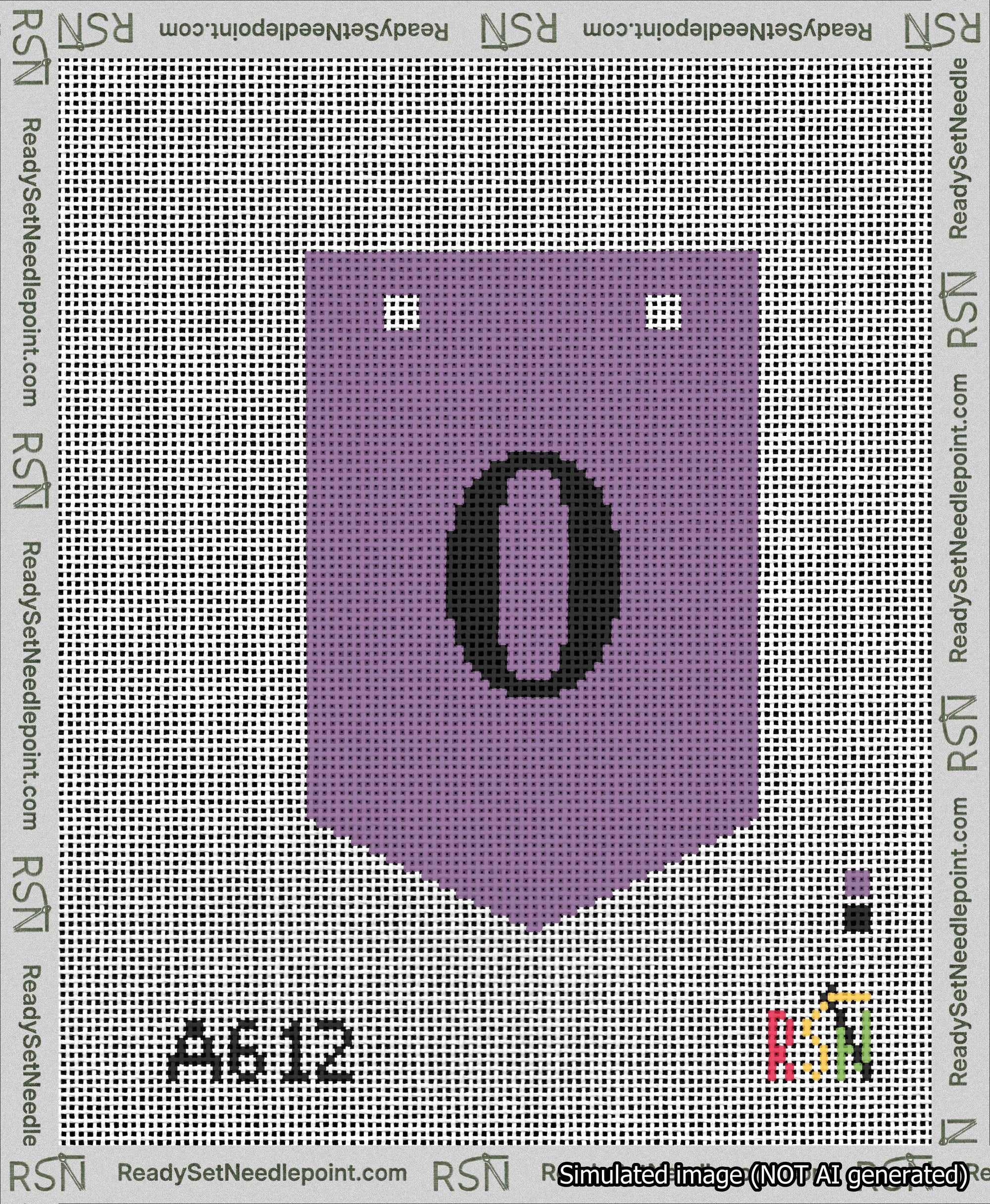 A taped needlepoint canvas with the design: Banner 13 mesh count Pointed 0 Black on Purple.