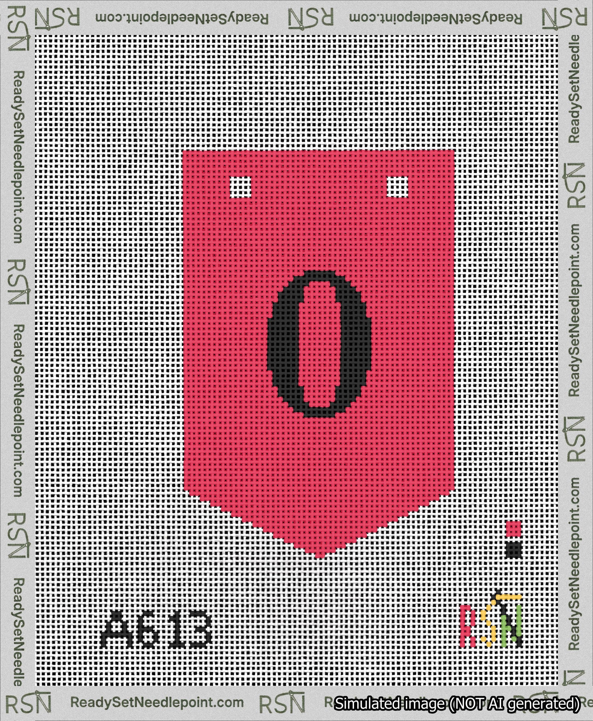 A taped needlepoint canvas with the design: Banner 13 mesh count Pointed 0 Black on Red.