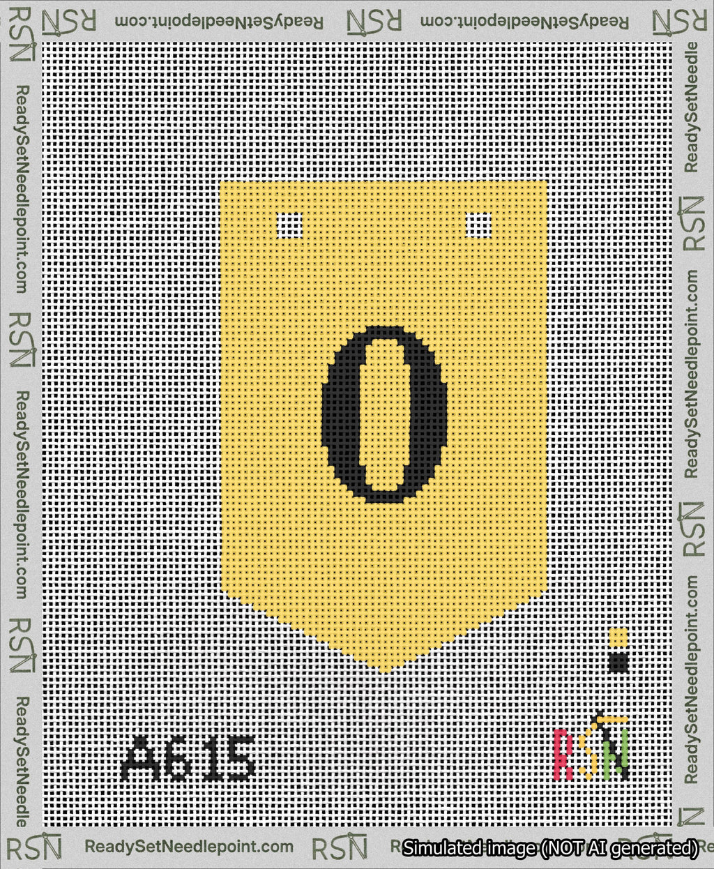 A taped needlepoint canvas with the design: Banner 13 mesh count Pointed 0 Black on Yellow.