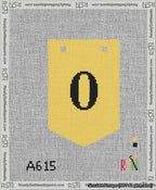 A taped needlepoint canvas with the design: Banner 13 mesh count Pointed 0 Black on Yellow.