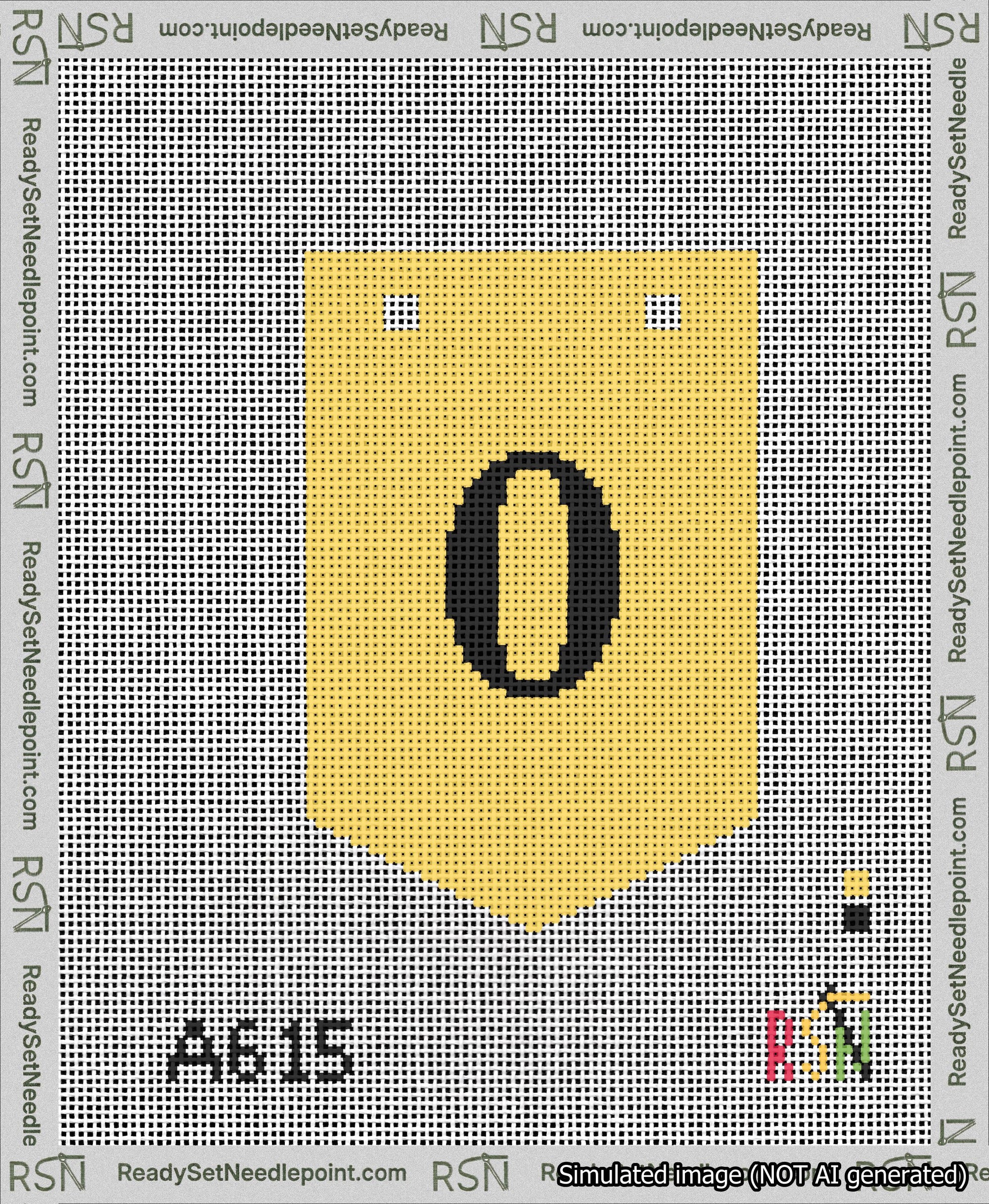 A taped needlepoint canvas with the design: Banner 13 mesh count Pointed 0 Black on Yellow.