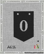 A taped needlepoint canvas with the design: Banner 13 mesh count Pointed 0 White on Black.