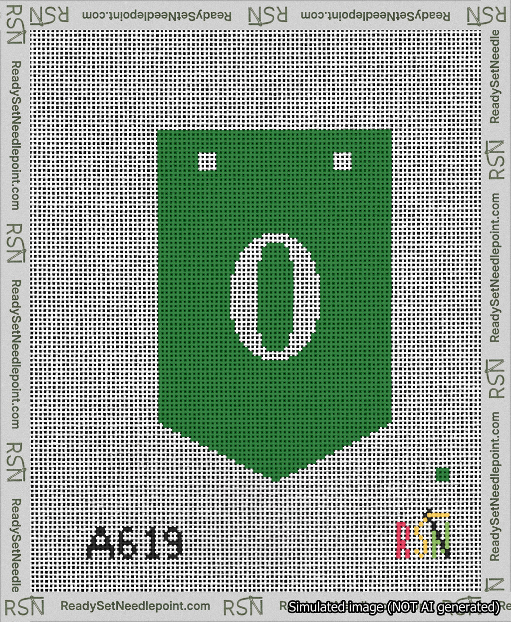 A taped needlepoint canvas with the design: Banner 13 mesh count Pointed 0 White on Green.