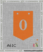 A taped needlepoint canvas with the design: Banner 13 mesh count Pointed 0 White on Orange.