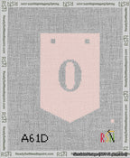 A taped needlepoint canvas with the design: Banner 13 mesh count Pointed 0 White on Pink.