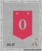 A taped needlepoint canvas with the design: Banner 13 mesh count Pointed 0 White on Red.