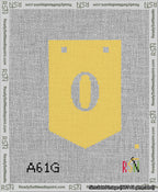 A taped needlepoint canvas with the design: Banner 13 mesh count Pointed 0 White on Yellow.