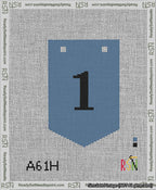 A taped needlepoint canvas with the design: Banner 13 mesh count Pointed 1 Black on Blue.