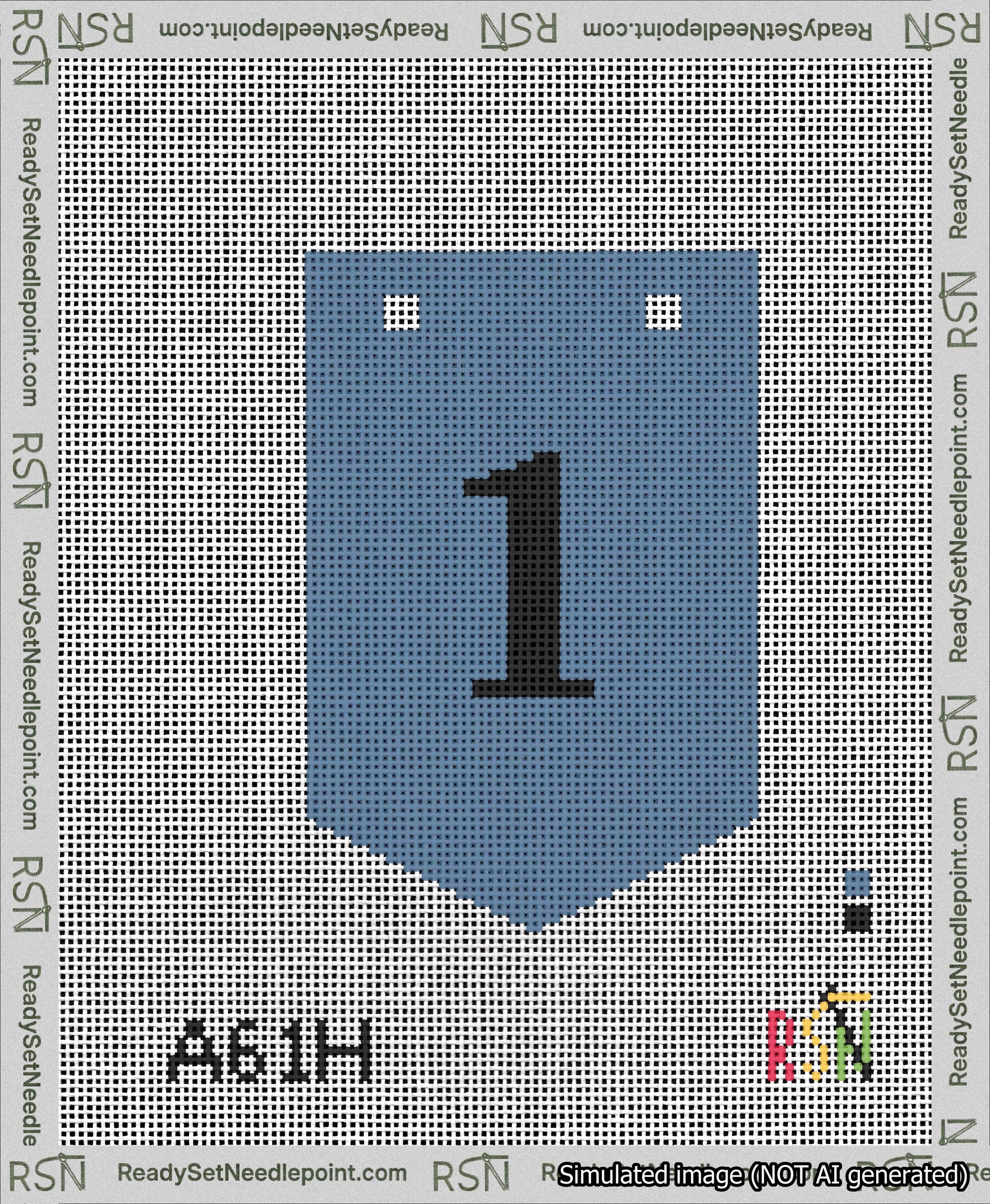 A taped needlepoint canvas with the design: Banner 13 mesh count Pointed 1 Black on Blue.